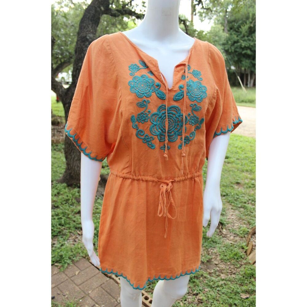 Ivy Jane Embroidered Tunic Dress Small Orange & Teal Cotton